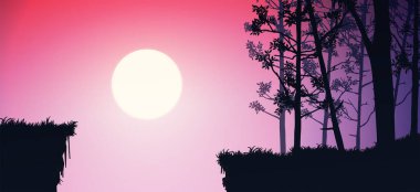 Doğal orman dağları ufuk tepeleri ağaç siluetleri. Akşam Gündoğumu ve gün batımı. Peyzaj duvar kağıdı. Çizim vektör stili. Renkli görünüm arkaplanı.