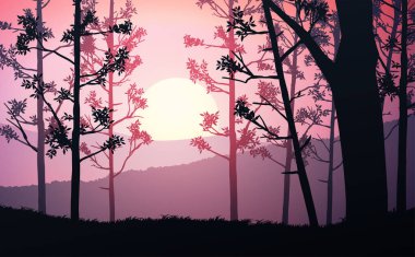 Doğal orman dağları ufuk tepeleri ağaç siluetleri. Akşam Gündoğumu ve gün batımı. Peyzaj duvar kağıdı. Çizim vektör stili. Renkli görünüm arkaplanı.