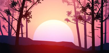 Doğal orman dağları ufuk tepeleri ağaç siluetleri. Akşam Gündoğumu ve gün batımı. Peyzaj duvar kağıdı. Çizim vektör stili. Renkli görünüm arkaplanı.