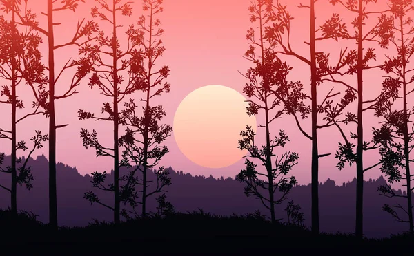 Bosque Natural Montañas Horizonte Colinas Siluetas Árboles Tarde Amanecer Atardecer — Vector de stock