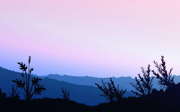 Natuurlijke Bos Bergen Horizon Heuvels Silhouetten Van Bomen Avond Zonsopgang — Stockvector