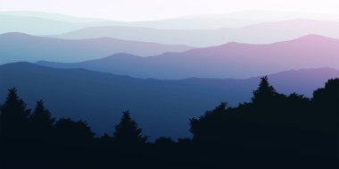 Doğal orman dağları ufuk tepeleri ağaç siluetleri. Gün doğumu ve gün batımı. Peyzaj duvar kağıdı. Çizim vektör stili. Renkli görünüm arkaplanı.