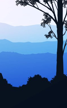 Doğal orman dağları ufuk tepeleri ağaç siluetleri. Gün doğumu ve gün batımı. Peyzaj duvar kağıdı. Çizim vektör stili. Renkli görünüm arkaplanı.