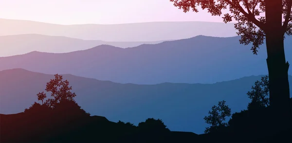 Luonnollinen Metsä Vuoret Horisontti Kukkuloilla Siluetteja Puita Auringonnousu Auringonlasku Maisema — vektorikuva