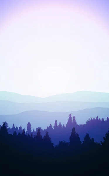 木々の自然の森の山の地平線の丘のシルエット 日の出と日の入り 風景壁紙 イラストベクトルスタイル カラフルな景色の背景 — ストックベクタ