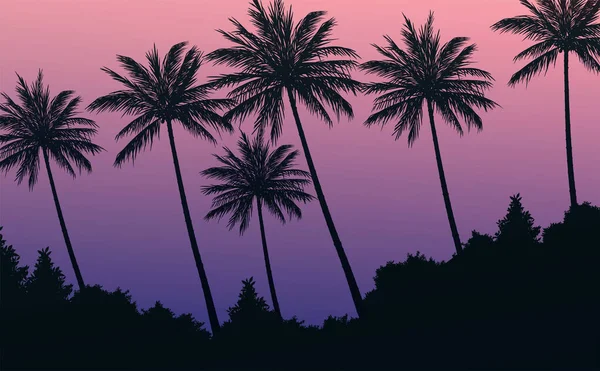 天然ココナッツの木 山の地平線の丘 ヤシの木や丘のシルエット 日の出と日の入り 風景壁紙 イラストベクトルスタイル カラフルな景色の背景 — ストックベクタ