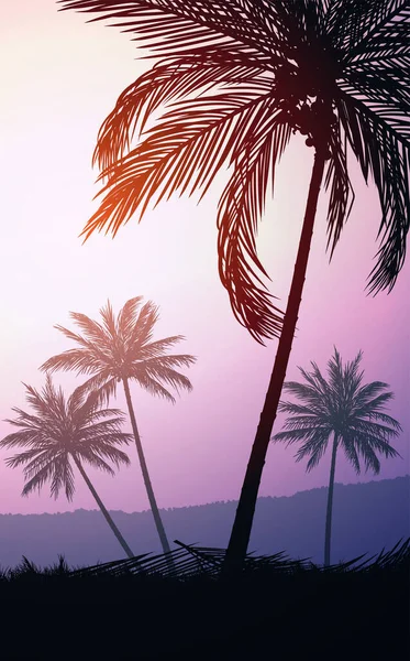 天然椰子树 山脉地平线山丘 棕榈树和小山的轮廓 日出和日落 风景墙纸 说明向量样式 色彩斑斓的背景 — 图库矢量图片