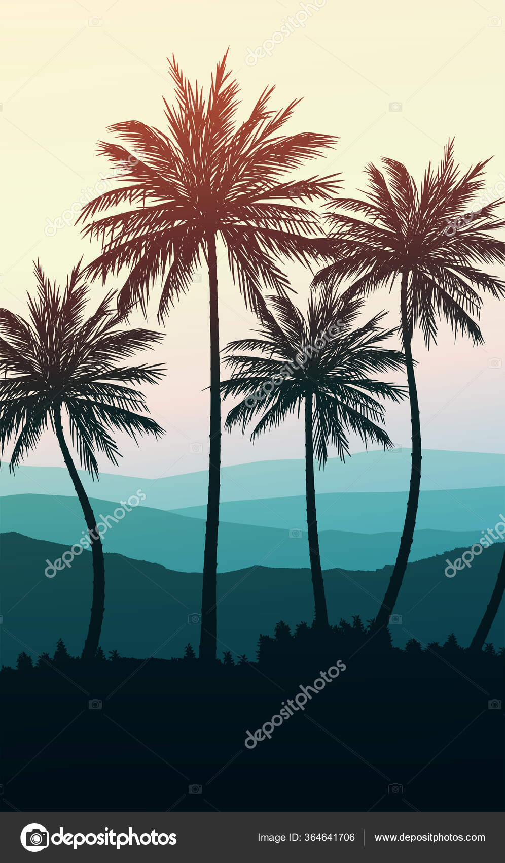 天然椰子树山脉地平线山丘棕榈树和小山的轮廓日出和日落风景墙纸说明向量样式色彩斑斓的背景图库矢量图©Chakkree 364641706, image size:996x1700