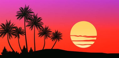 Doğal hindistan cevizi ağaçları. Dağlar ufuk tepeleri. Palmiye ağaçları ve tepelerden oluşan siluetler. Gün doğumu ve gün batımı. Peyzaj duvar kağıdı. Çizim vektör stili. Renkli görünüm arkaplanı.