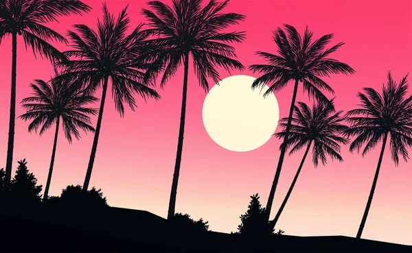 天然椰子树 山脉地平线山丘 棕榈树和小山的轮廓 日出和日落 风景墙纸 说明向量样式 色彩斑斓的背景 — 图库矢量图片