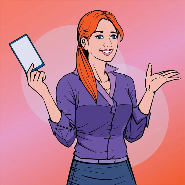 スマートフォンや携帯電話を持つビジネス女性印象的な人もいます イラストベクトルポップアート漫画スタイルボードの背景 — ストックベクタ