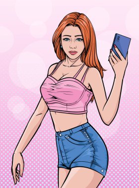 Güzel kız. Güzel bir kadın cep telefonuyla selfie çektirmiş. Pop sanat çizgi roman stili soyut noktalar üzerine illüstrasyon vektörü.