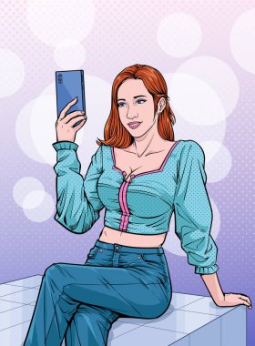 Güzel kız. Güzel bir kadın cep telefonuyla selfie çektirmiş. Pop sanat çizgi roman stili soyut noktalar üzerine illüstrasyon vektörü.
