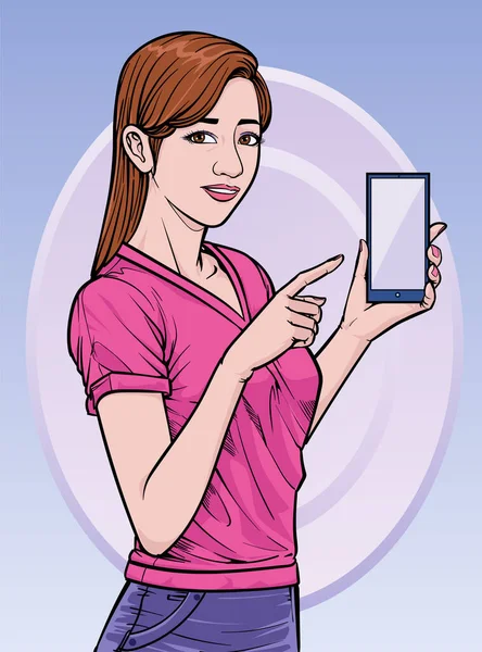 可愛い子ね 携帯電話で自撮りポーズをとった美人 イラストベクトルポップアート漫画風抽象ドット背景 — ストックベクタ