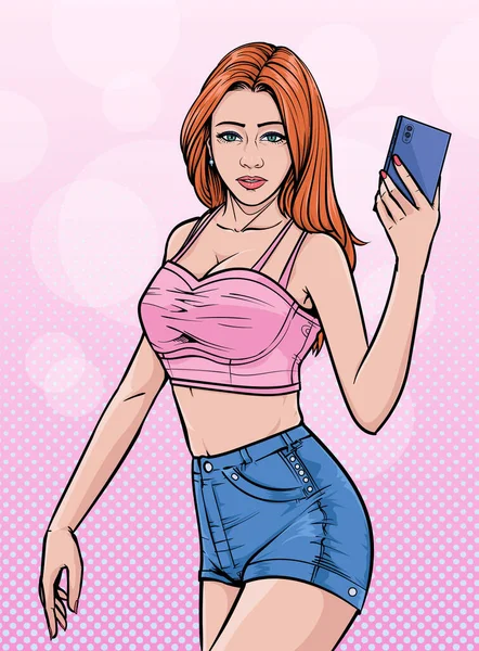 Bonita Chica Una Hermosa Mujer Posó Para Selfie Con Teléfono — Archivo Imágenes Vectoriales