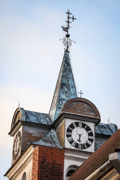 Beautiful old church tower with clock. Old building with cloudy — Stock Photo, Image