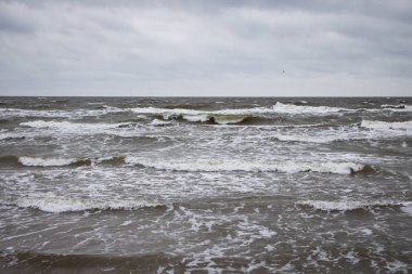 Deniz kenarındaki deniz dalgaları bulutlu ve fırtınalı bir kış günü sahile yakın. Fotoğraf Letonya 'da çekildi.