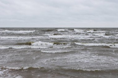 Bulutlu ve fırtınalı bir kışta Baltık deniz dalgalarının deniz manzarası