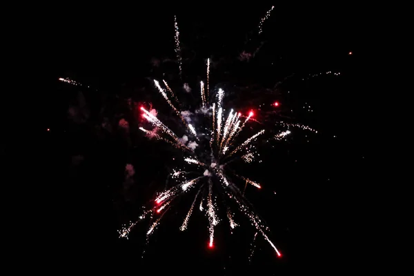 Beautiful new years firework celebration in black evening sky. — Stock Photo, Image