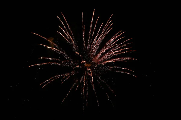 Mooie nieuwjaar vuurwerk viering in zwarte avond hemel. — Stockfoto