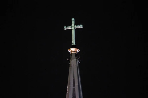 Church Tower Christ Symbol View Late Evening Night Photo Taken — Stock Photo, Image