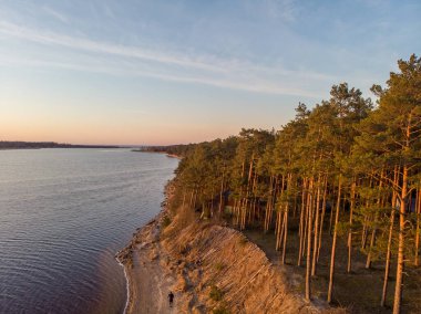Lielupe nehrinin yakınındaki büyük kum tepesi ve çam ormanının güzel gerçek robot görüntüsü. Fotoğraf günbatımında çekildi, Avrupa, Letonya.