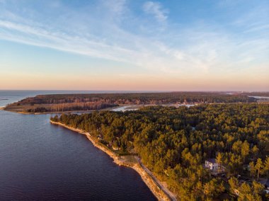 Lielupe nehri ve kıyı şeridi yakınlarındaki çam ormanlarının insansız hava aracı görüntüsü. Gün batımında gökyüzü açık. Fotoğraf Avrupa, Letonya 'da çekildi.