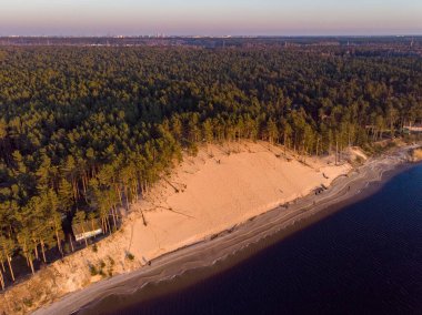 Lielupe yakınlarındaki beyaz kum tepeciği sahili manzarası. Fotoğraf günbatımında çekildi, Avrupa, Letonya.