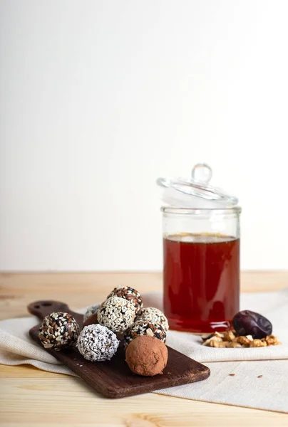 Raw Protein Energy Balls Nuts Dried Fruits Honey Wooden Desk — Stock Photo, Image