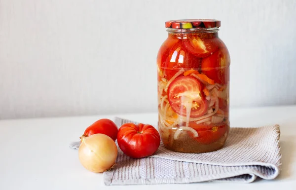 Homemade Pickled Tomato Onion Glass Jar Raw Vegetables Light Napkin — Stock Photo, Image