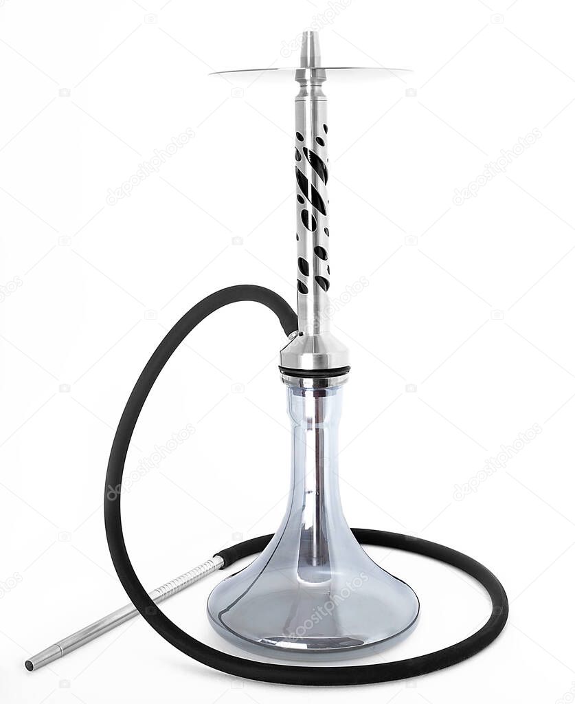 Modern transparent hookah isolated on white background. Eastern smokable water pipe smoking on white background. hookah with black metal tube and glass flask isolated on white background.