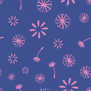 Pembe ve mor karahindiba ve çiçek taşıyıcısı tekrar ediyor. Duvar kâğıdı, çocuklar, hatıra defteri, sabit ve ev eşyaları için mükemmel..