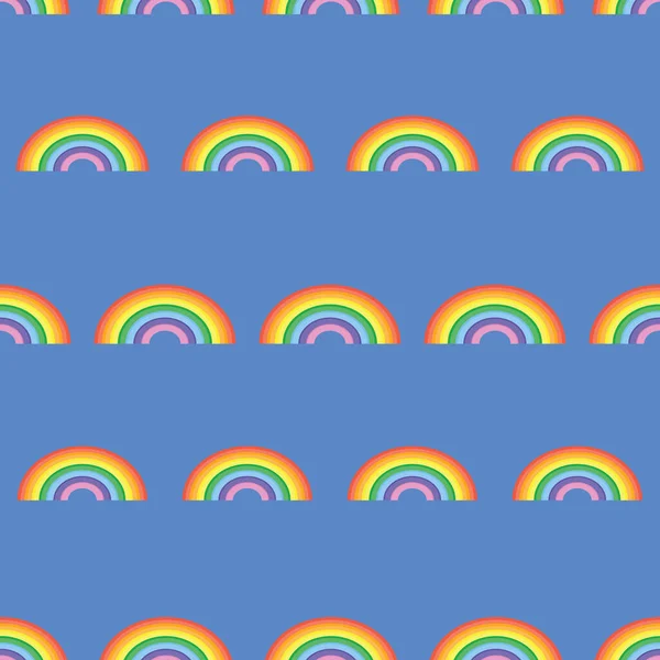 Naadloos patroon met kleurrijke regenbogen op blauwe achtergrond. Creatieve textuur voor stof, wikkeling, textiel, achtergronden, behang, kleding. Vectorillustratie — Stockvector