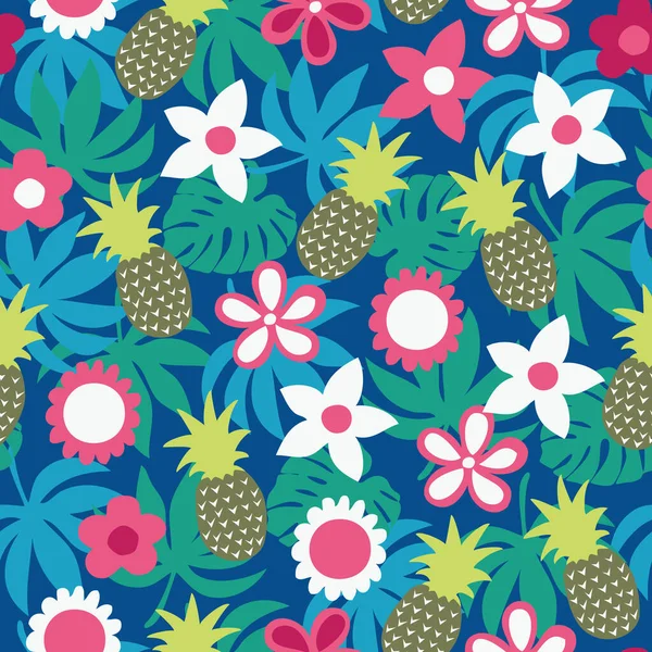 Mavi arka planda tropik ananas ve avuç içi izi. Kumaş, arkaplan, ambalaj, tekstil, duvar kâğıdı, giysi deseni. Vektör illüstrasyonu