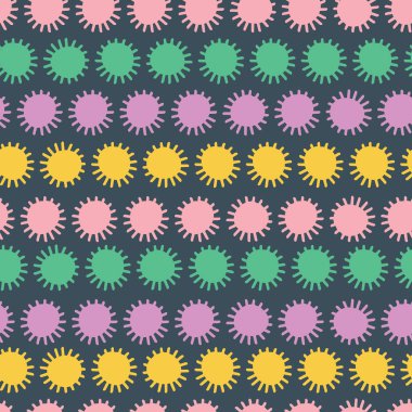 Renkli güneş, çiçek desenli karalama. Kumaş, arkaplan, ambalaj, tekstil, duvar kâğıdı, giysi deseni. Vektör illüstrasyonu