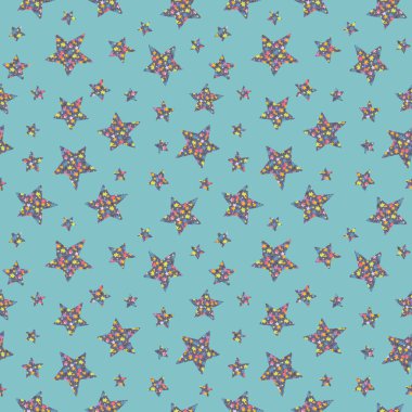 Mavi arka planda yıldız desenli renkli düzensiz yıldızlar. Kumaş, arkaplan, ambalaj, tekstil, duvar kâğıdı, giysi deseni. Vektör illüstrasyonu