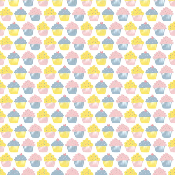 Pastel kekler krema ve kirazla pişiriliyor. Kumaş, arkaplan, ambalaj, tekstil, duvar kâğıdı, giysi deseni. Vektör illüstrasyonu