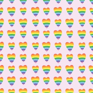 Pembe arka planda gökkuşağı kalpleri. Kumaş, ambalaj, tekstil, duvar kağıdı, giysi, arka plan deseni. Vektör illüstrasyonu