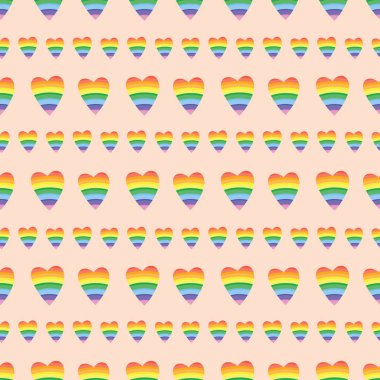 Pembe arka planda gökkuşağı kalpleri. Kumaş, ambalaj, tekstil, duvar kağıdı, giysi, arka plan deseni. Vektör illüstrasyonu