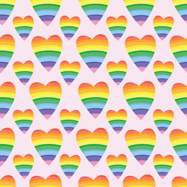 Regenboog harten op roze achtergrond. Patroon voor stof, wikkeling, textiel, behang, kleding, achtergrond. Vectorillustratie — Stockvector