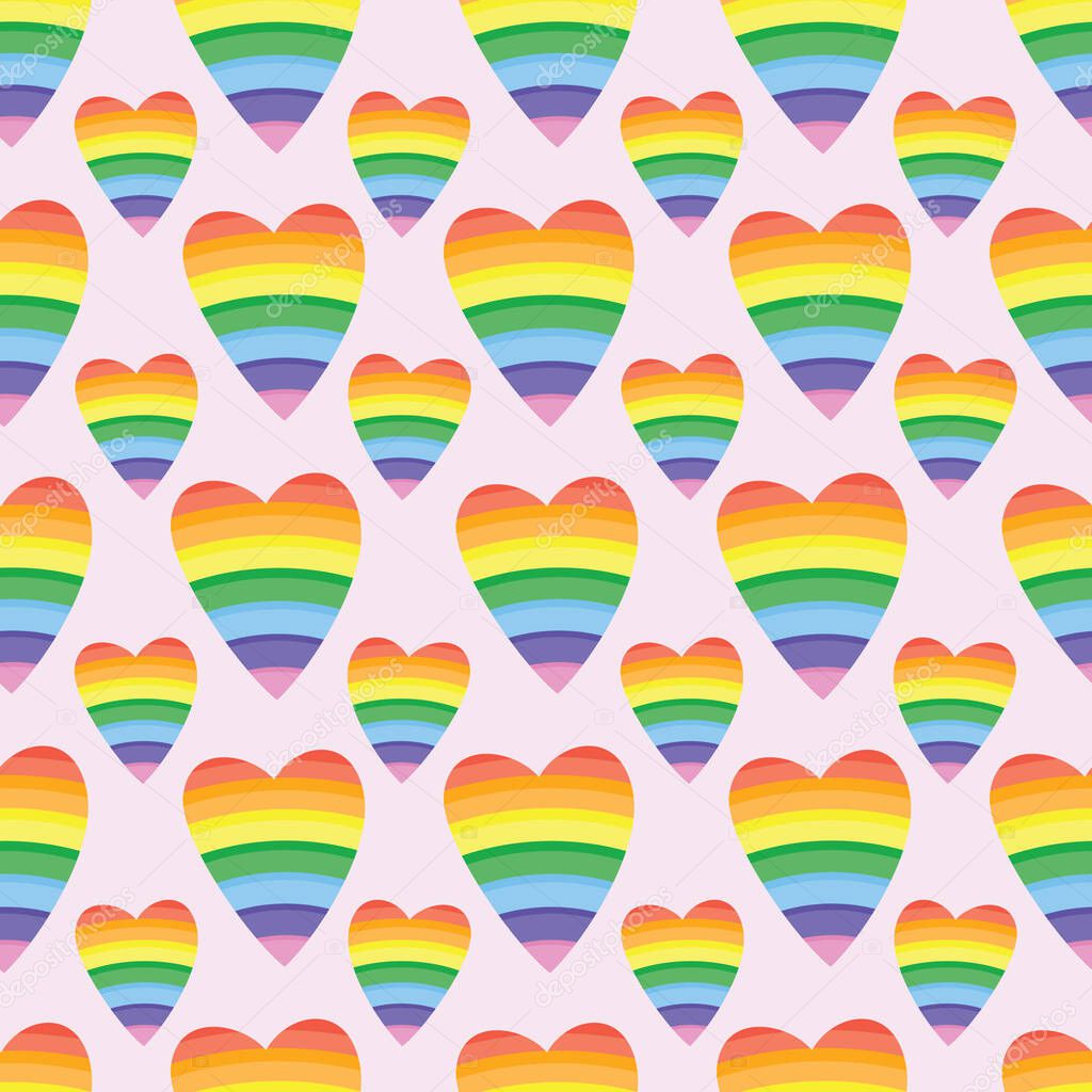 Rainbow hearts on pink background. Pattern for fabric, wrapping, textile, wallpaper, apparel, background. Vector illustration