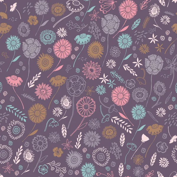 Verano prado patrón de repetición vector floral con fondo oscuro. Ideal para la decoración del hogar, envoltura, scrapbooking, papel pintado, regalo, niños . — Vector de stock