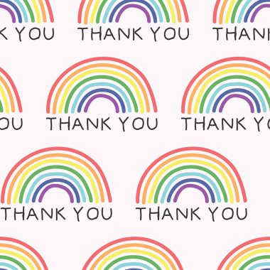 Thank you text and drawn rainbows pattern. Key workers support. Backgrounds, wrapping, gifts, scrapbooking. Vector illustration. clipart