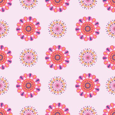 Canlı geometrik çiçekleri, yıldızları, çiçekleri. Kumaş, arkaplan, ambalaj, tekstil, duvar kâğıdı, giysi deseni. Vektör illüstrasyonu.