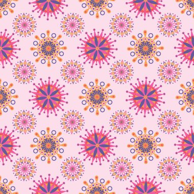 Canlı geometrik çiçekleri ve yıldızları var. Kumaş, arkaplan, ambalaj, tekstil, duvar kâğıdı, giysi deseni. Vektör illüstrasyonu.