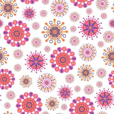 Canlı geometrik çiçekleri ve yıldızları var. Kumaş, arkaplan, ambalaj, tekstil, duvar kâğıdı, giysi deseni. Vektör illüstrasyonu.