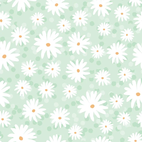 Daisy weide lente bloemen bloeit met vlekkerige achtergrond. Vector herhaal. Ideaal voor home decor, verpakking, scrapbooking, behang, cadeau, kinderen, kleding. — Stockvector