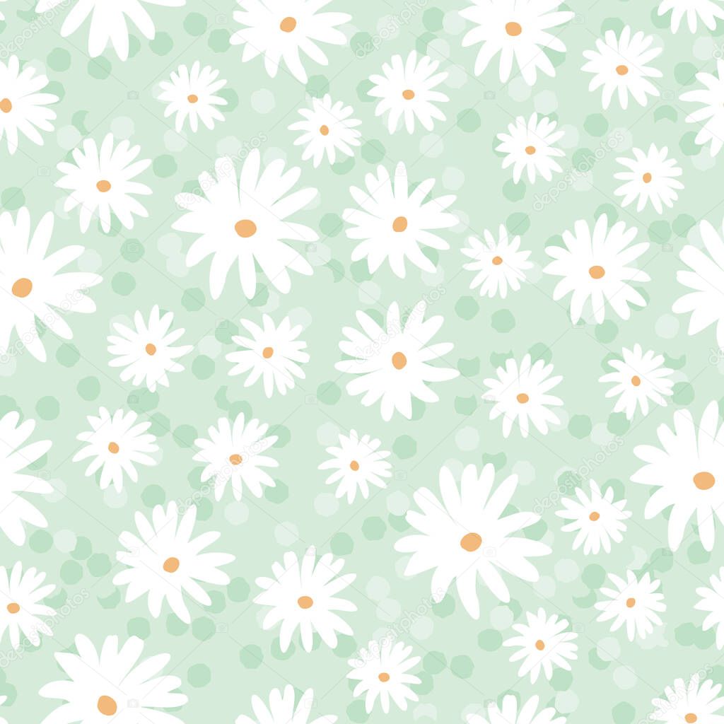 Daisy meadow spring floral blooms with spotty background. Vector repeat. Great for home decor, wrapping, scrapbooking, wallpaper, gift, kids, apparel. 