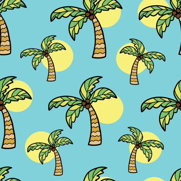 Hindistan cevizli ve güneşli palmiye ağaçları. Vektör tekrar. Ev dekorasyonu, ambalaj, hatıra defteri, duvar kağıdı, hediye, çocuklar, giysi için harika.. 