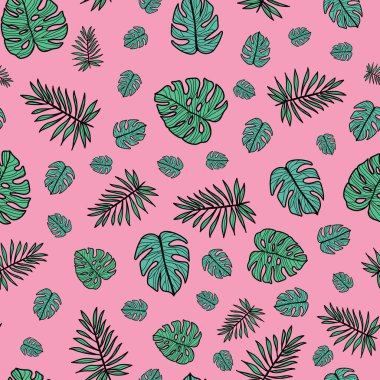 Peynir bitkisi ve egzotik tropik canavar ev bitkisi yaprakları. Vektör tekrar deseni. Giysiler, ev dekorasyonu, arka planlar, duvar kağıtları için harika..